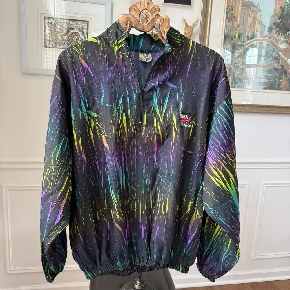 Vintage 90s Surf Style 1/4 Zip Windbreaker Pullover Jacket Interplanetary Multic - Picture 2 of 8